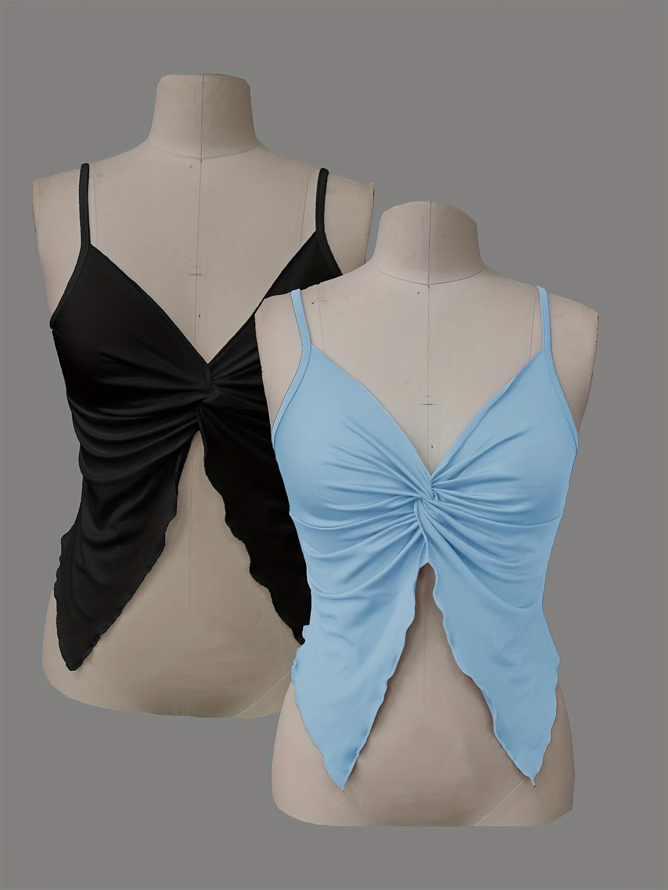 TECCULI MOD - Camisola de tirantes con abertura frontal y dobladillo retorcido de color liso para mujer, tops de verano, top camisola, tops bonitos, top sin mangas en blanco y negro, tropical, gyaru, sin espalda, sexy, coqueta, top para salir