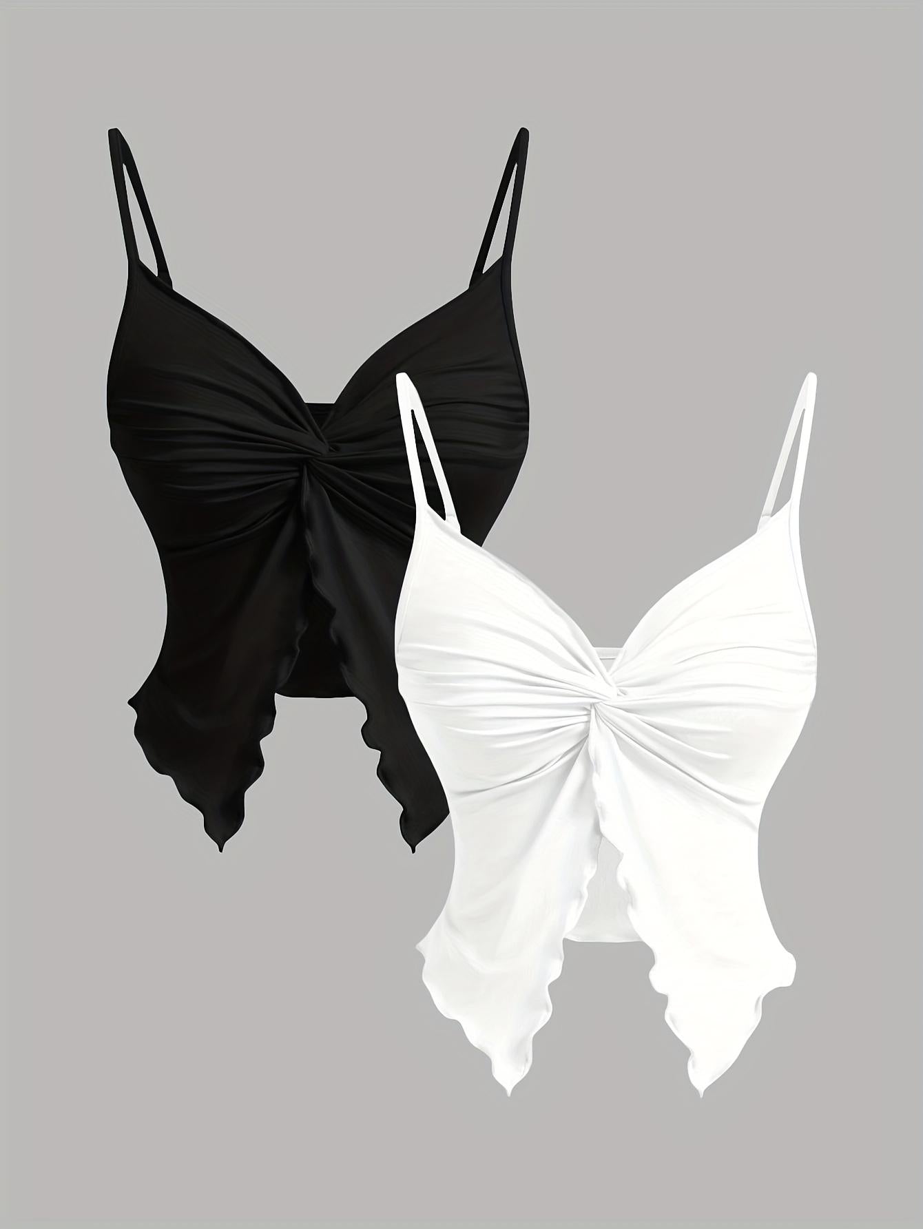 TECCULI MOD - Camisola de tirantes con abertura frontal y dobladillo retorcido de color liso para mujer, tops de verano, top camisola, tops bonitos, top sin mangas en blanco y negro, tropical, gyaru, sin espalda, sexy, coqueta, top para salir