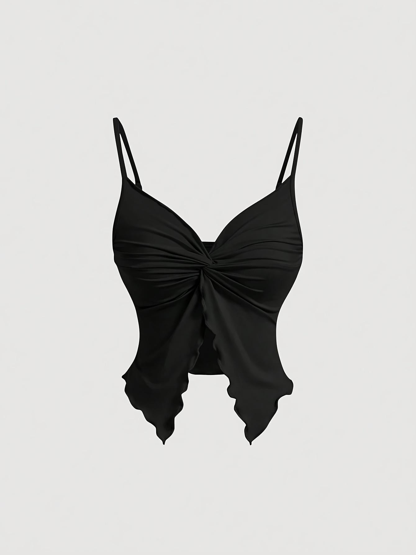 TECCULI MOD - Camisola de tirantes con abertura frontal y dobladillo retorcido de color liso para mujer, tops de verano, top camisola, tops bonitos, top sin mangas en blanco y negro, tropical, gyaru, sin espalda, sexy, coqueta, top para salir