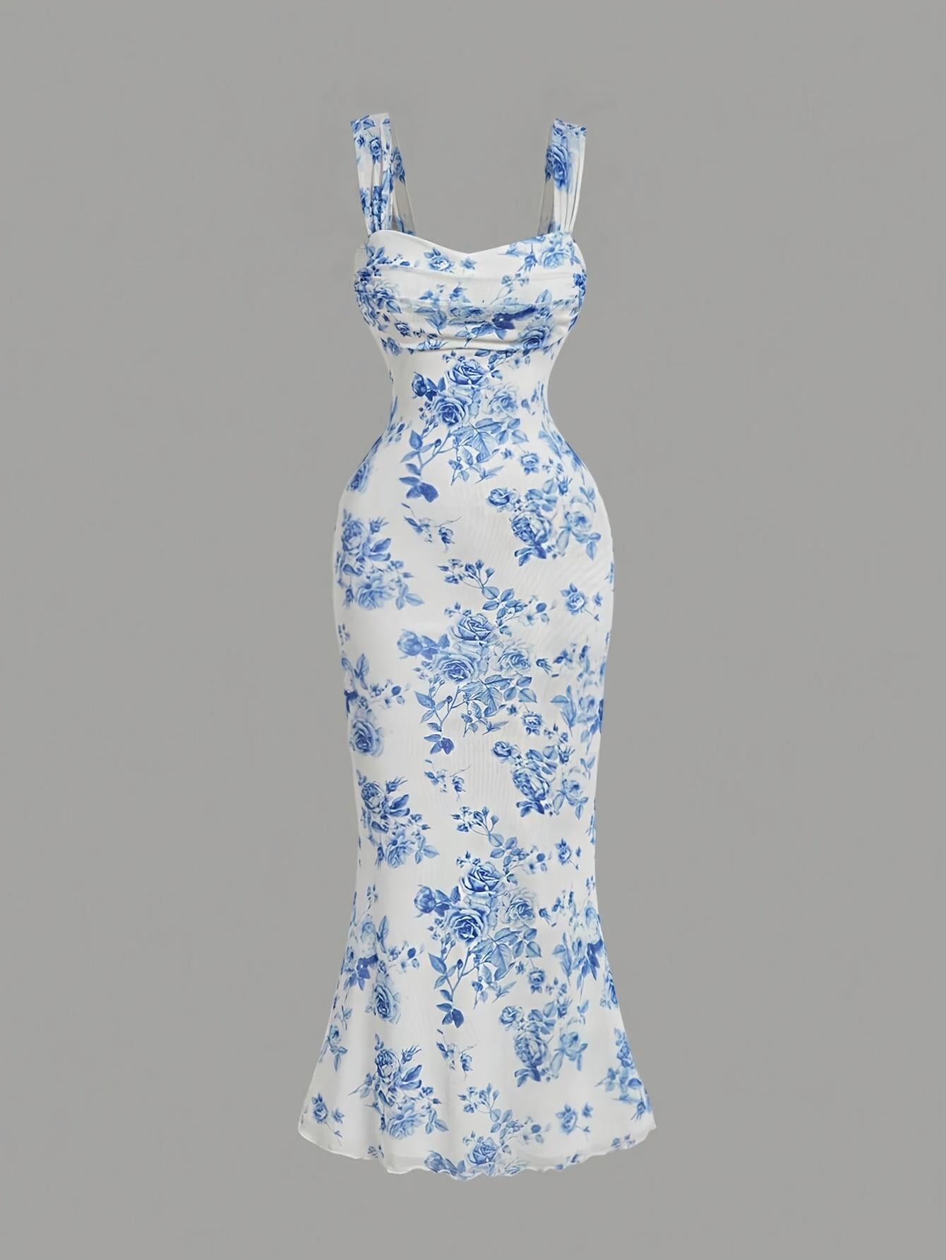 Vestido camisola TECCULI MOD con escote fruncido, dobladillo de sirena y malla floral superpuesta, vestidos pastel para mujer