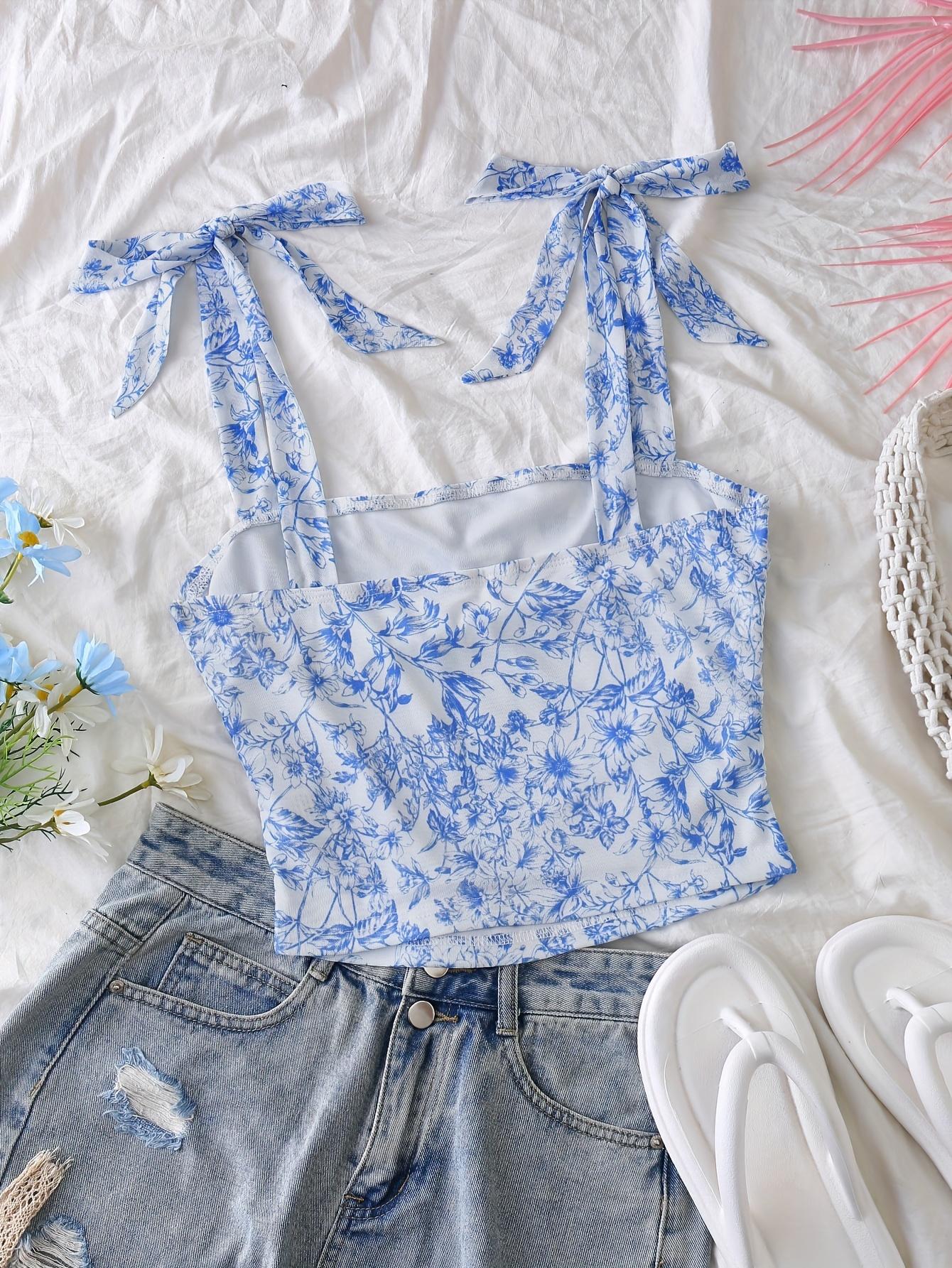 TECCULI MOD Top de tirantes con lazo en los hombros con estampado floral romántico de verano
