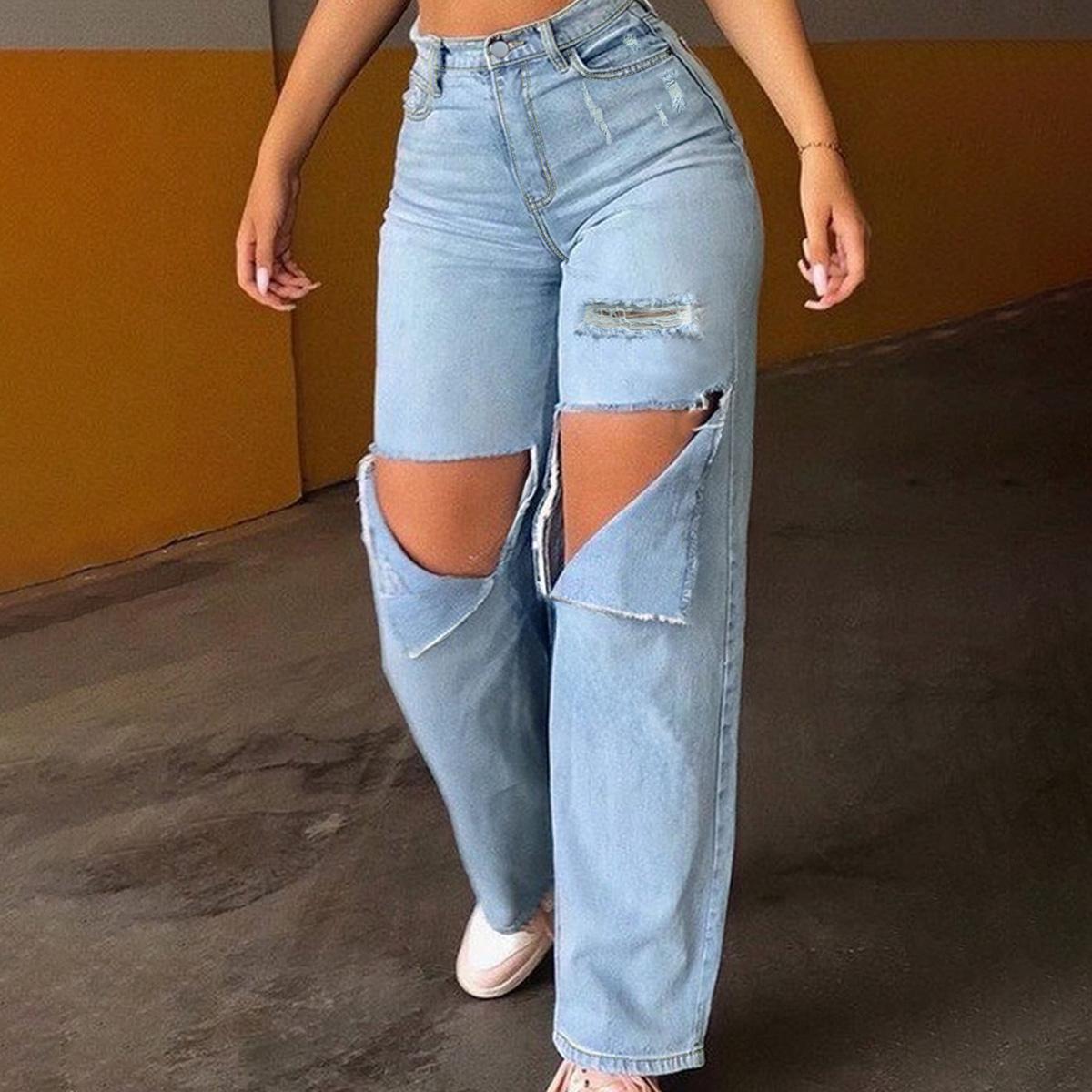 Pantalones vaqueros TECCULI Y2K de estilo urbano, estilo vintage, lavados, azules, de cintura alta, rotos, de pierna recta, para uso diario informal