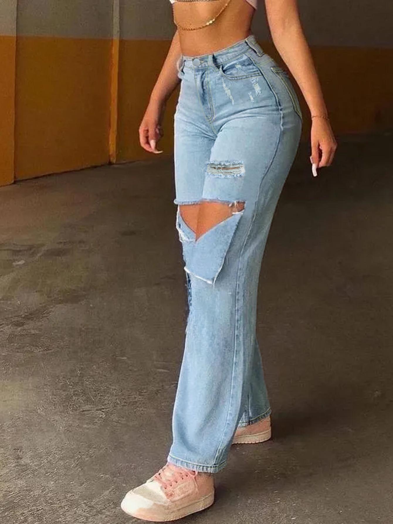 Pantalones vaqueros TECCULI Y2K de estilo urbano, estilo vintage, lavados, azules, de cintura alta, rotos, de pierna recta, para uso diario informal