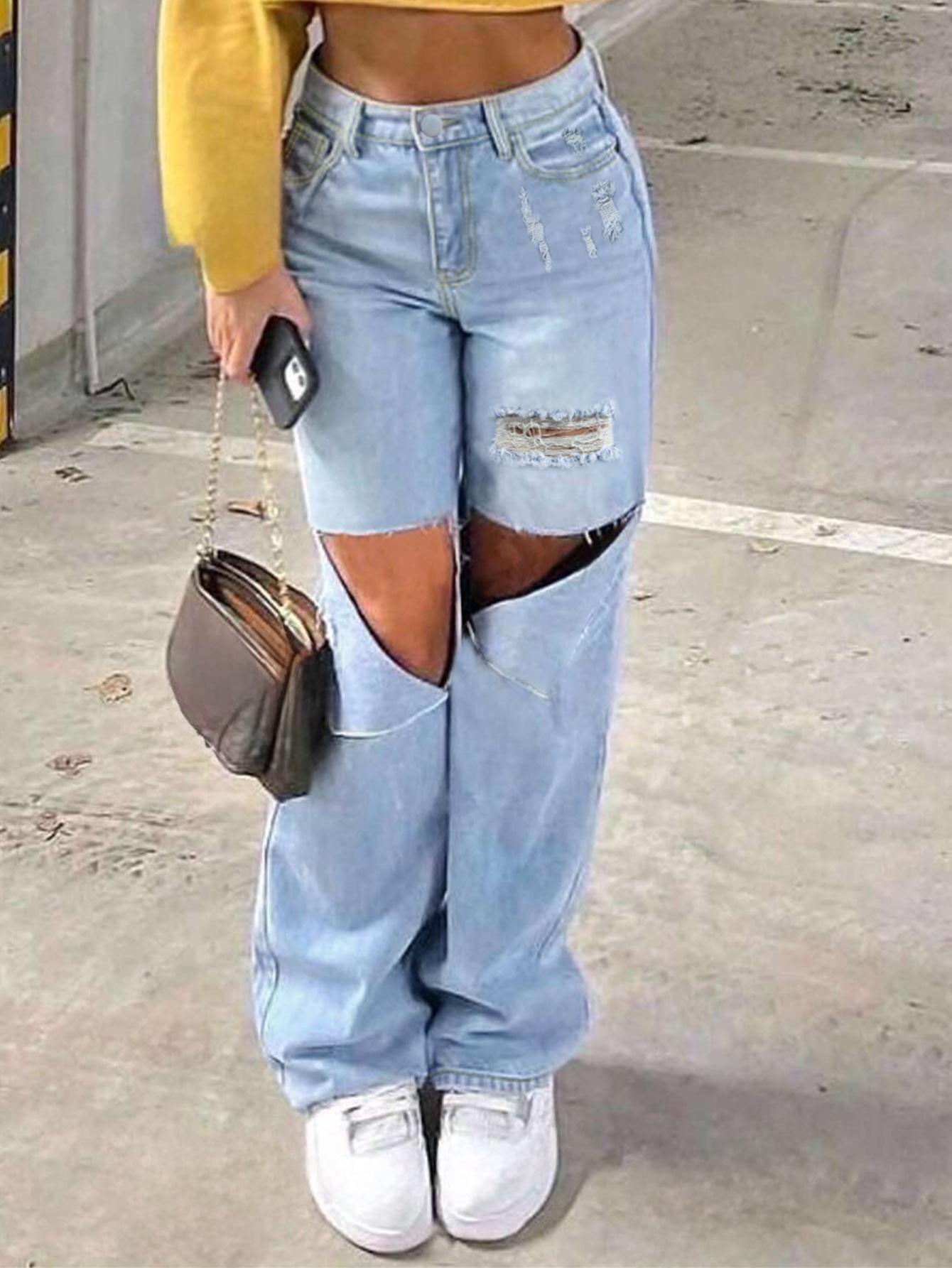 Pantalones vaqueros TECCULI Y2K de estilo urbano, estilo vintage, lavados, azules, de cintura alta, rotos, de pierna recta, para uso diario informal