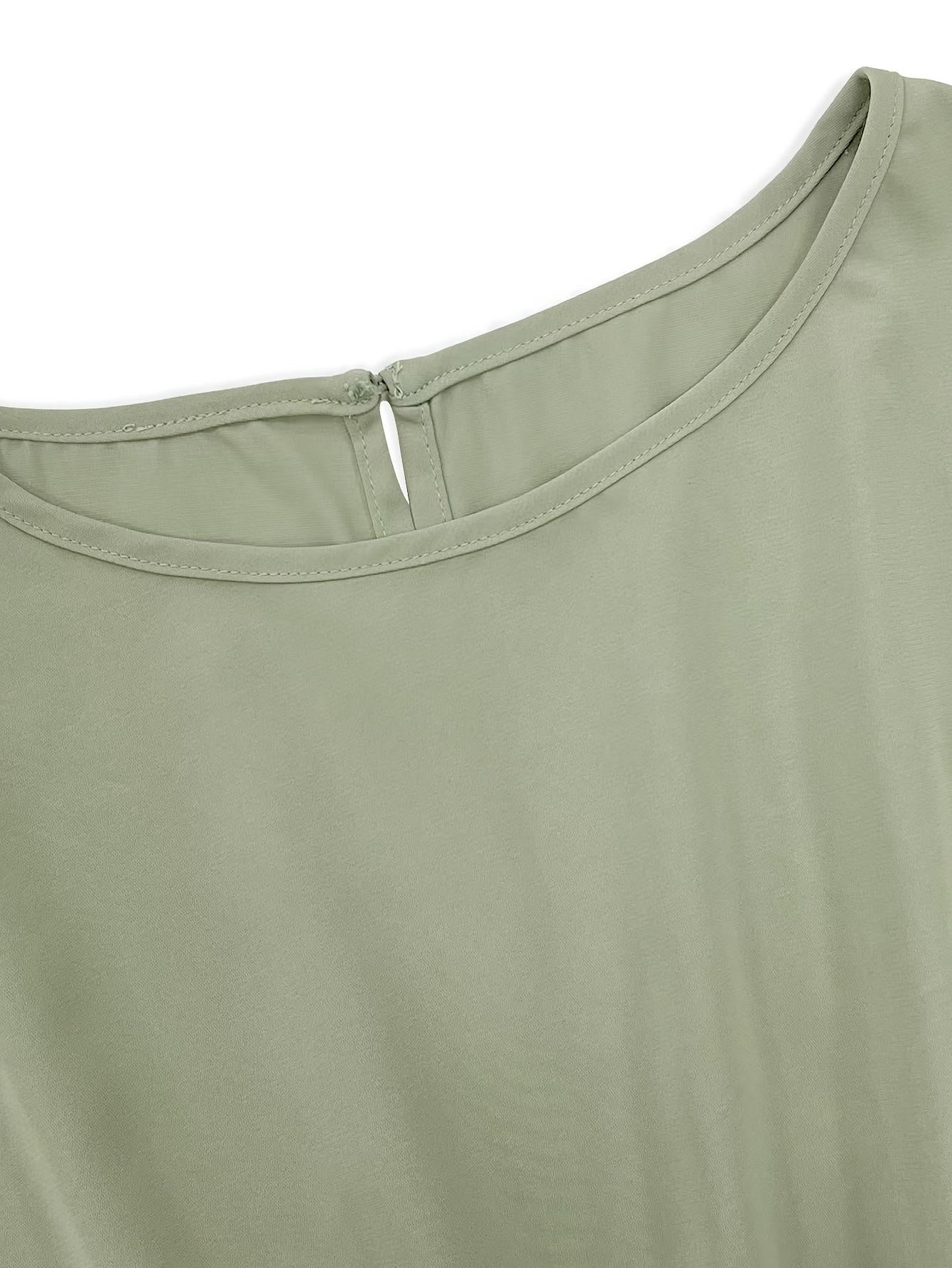 Mono informal verde claro TECCULI para mujer con lazo en la cintura. Manga corta, corte holgado, cuello redondo. Perfecto para vacaciones de primavera/verano, citas y desplazamientos. Conjunto de vacaciones, corte holgado, tejido texturizado.