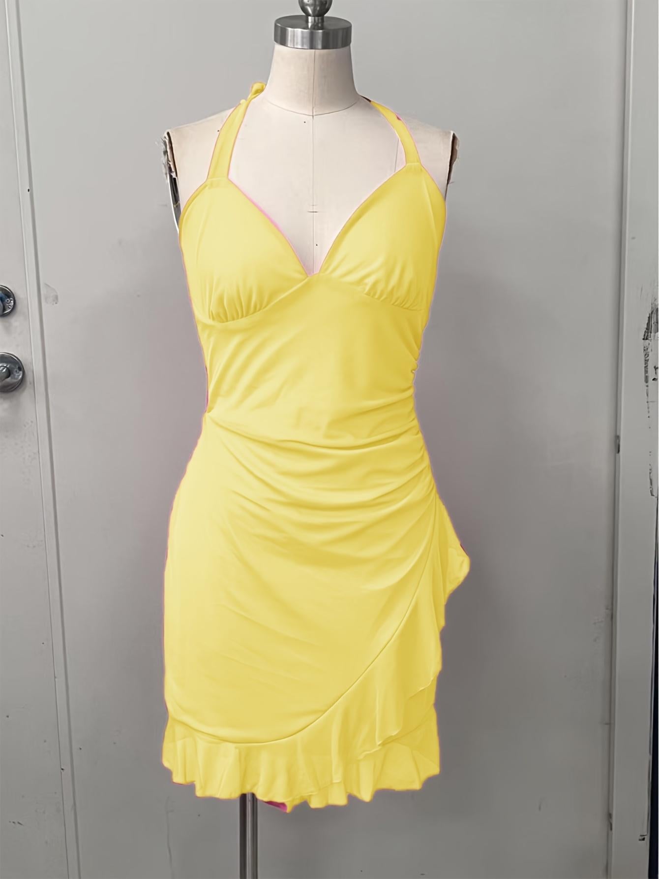 TECCULI Sweetina Y2k Vestido corto rosa de verano con cuello halter, volantes y malla transparente, vestidos pastel para mujer
