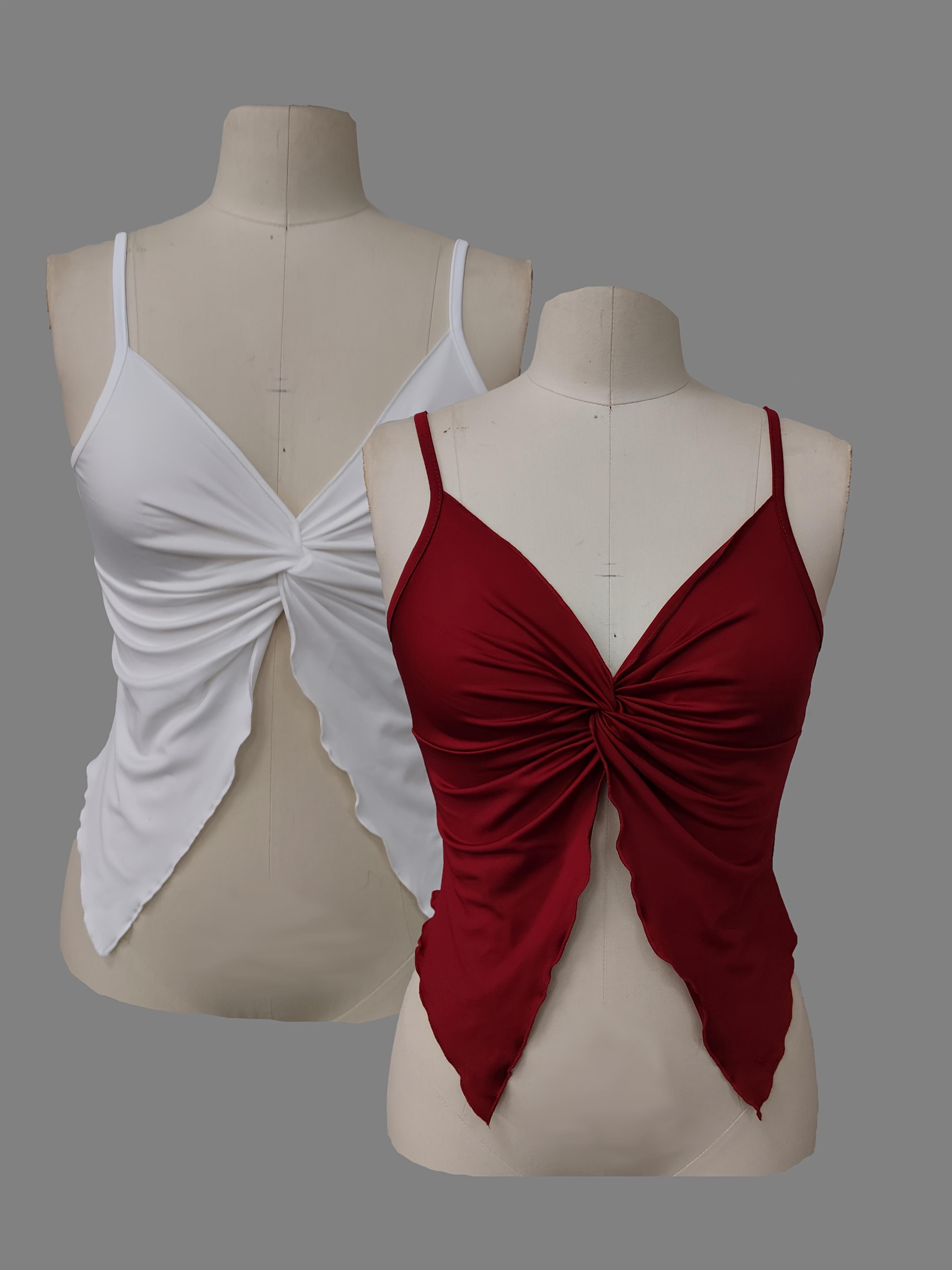TECCULI MOD - Camisola de tirantes con abertura frontal y dobladillo retorcido de color liso para mujer, tops de verano, top camisola, tops bonitos, top sin mangas en blanco y negro, tropical, gyaru, sin espalda, sexy, coqueta, top para salir