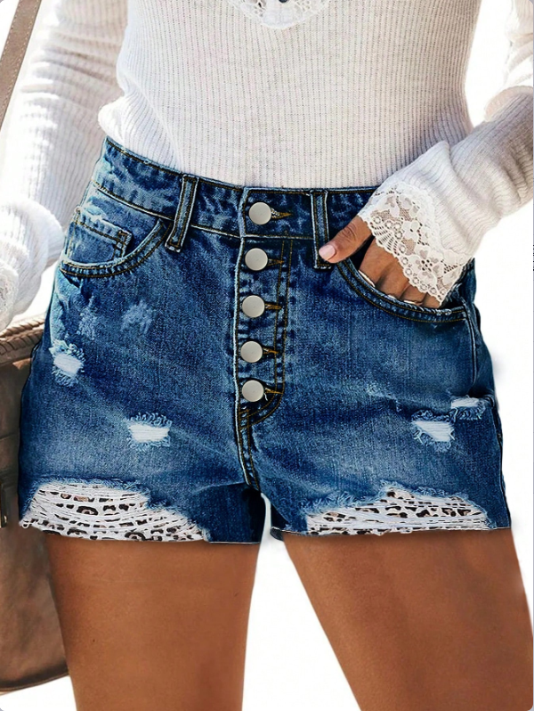 TECCULI Casual Leopard Print Patch Washed Ripped Denim Shorts