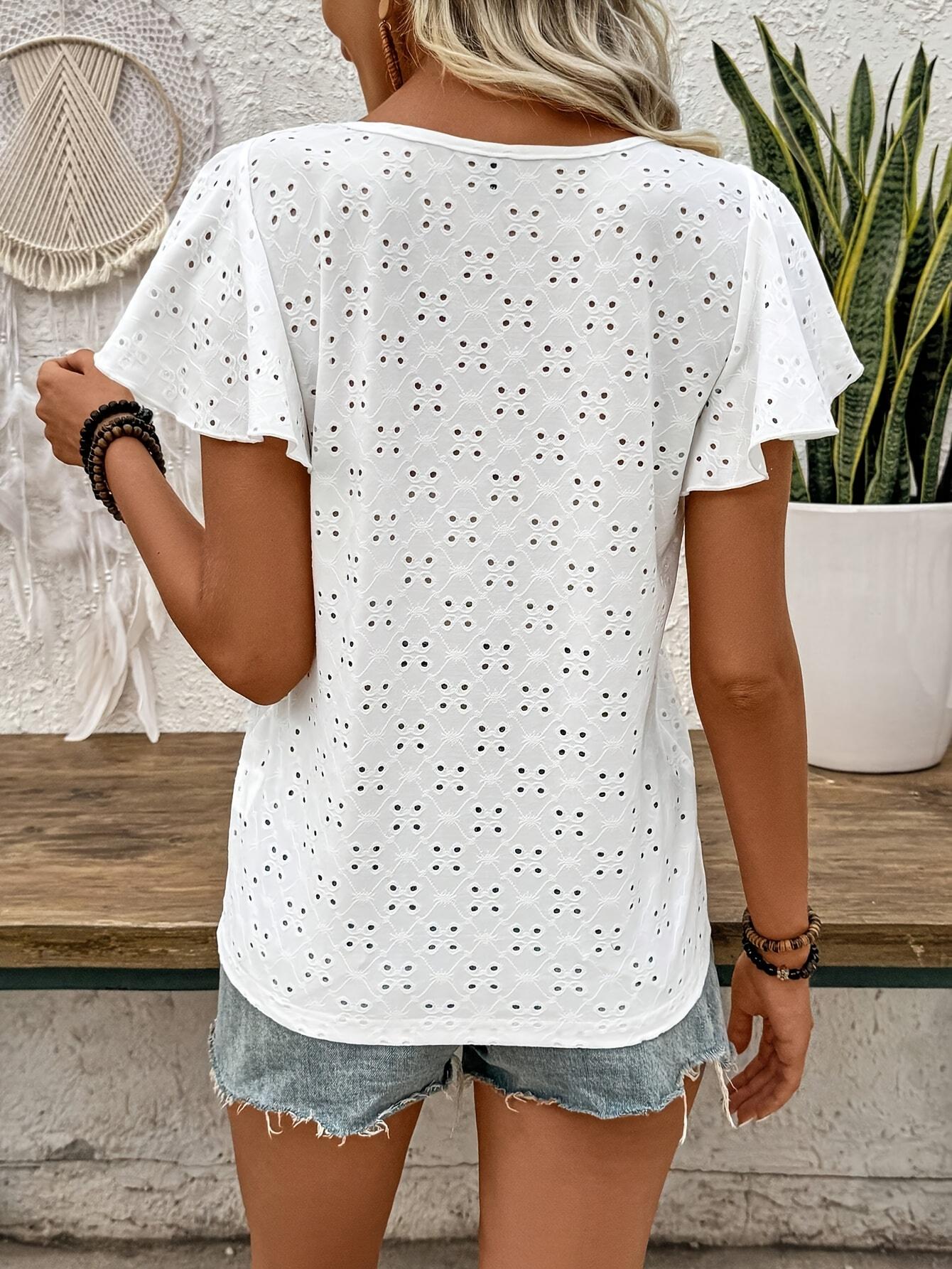 TECCULI Camiseta con estampado de trébol de jacquard y mangas con volantes para mujer, talla grande, nuevo diseño de moda