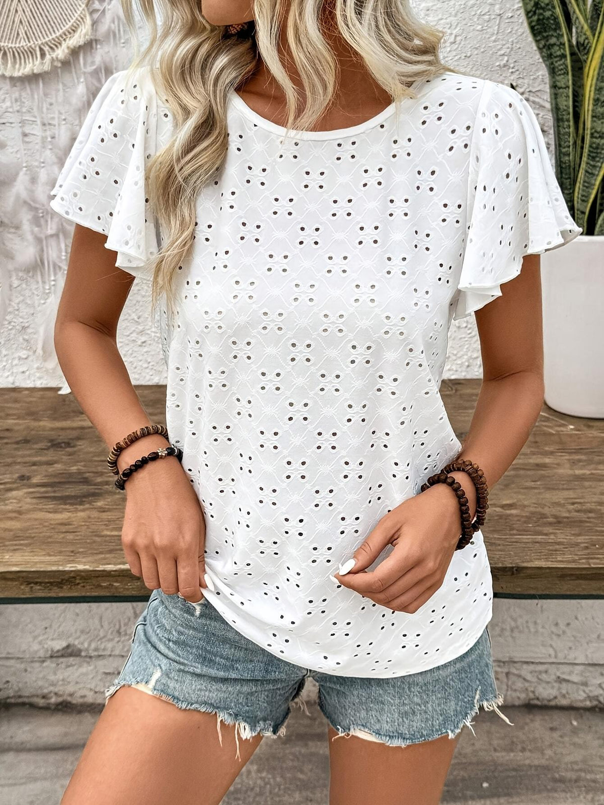 TECCULI Camiseta con estampado de trébol de jacquard y mangas con volantes para mujer, talla grande, nuevo diseño de moda