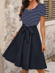 TECCULI Easowa - Vestido midi informal/festivo para mujer, fruncido, corte A, cuello redondo, sin mangas, ajustado, tejido texturizado a rayas, elegante para uso en exteriores e interiores. Vestidos de verano para mujer.
