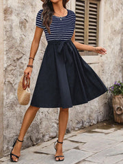 TECCULI Easowa - Vestido midi informal/festivo para mujer, fruncido, corte A, cuello redondo, sin mangas, ajustado, tejido texturizado a rayas, elegante para uso en exteriores e interiores. Vestidos de verano para mujer.